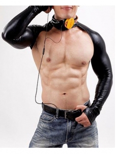 Male Sexy Leather Crop Tops Long Sleeves Gay Bar Thumb Hole Cuff
