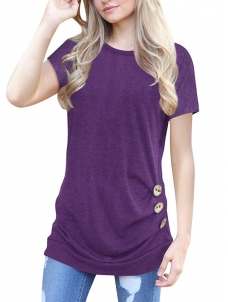 Purple Buttoned Side Short Sleeve Blouses