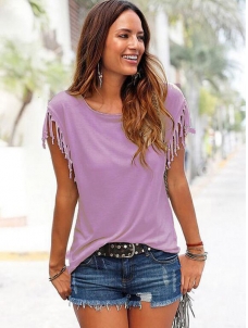 Purple Summer Short Sleeve Tassel Blouses