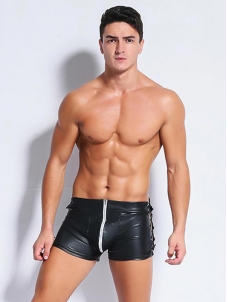 Sexy Men Leather Shorts Exotic Lingerie Lace-up Zipper Design Underpants