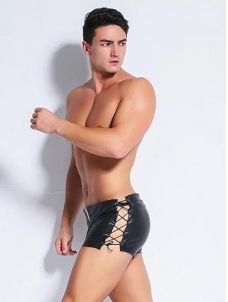 Sexy Men Leather Shorts Exotic Lingerie Lace-up Zipper Design Underpants