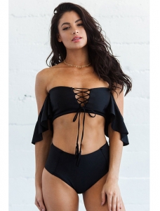 Sexy Ruffles Off Shoulder Two Piece Swimsuit Bikini Women Black