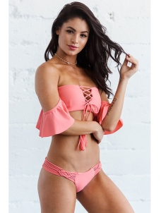Sexy Ruffles Off Shoulder Two Piece Swimsuit Bikini Women Pink