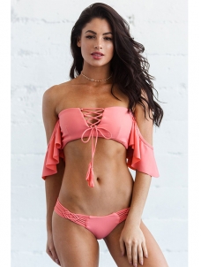 Sexy Ruffles Off Shoulder Two Piece Swimsuit Bikini Women Pink