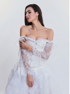 White Victorian Lace Flare Long Sleeve  Bridal Corset Overbust