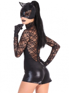 Women Sexy Lace Patchwork Black Leather Catwomen Catsuit