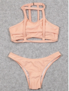 Women Sexy Plain Stretchy Bikini Set Swimwear Pink