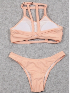 Women Sexy Plain Stretchy Bikini Set Swimwear Pink