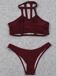 Women Sexy Plain Stretchy Bikini Set Swimwear Wine Red