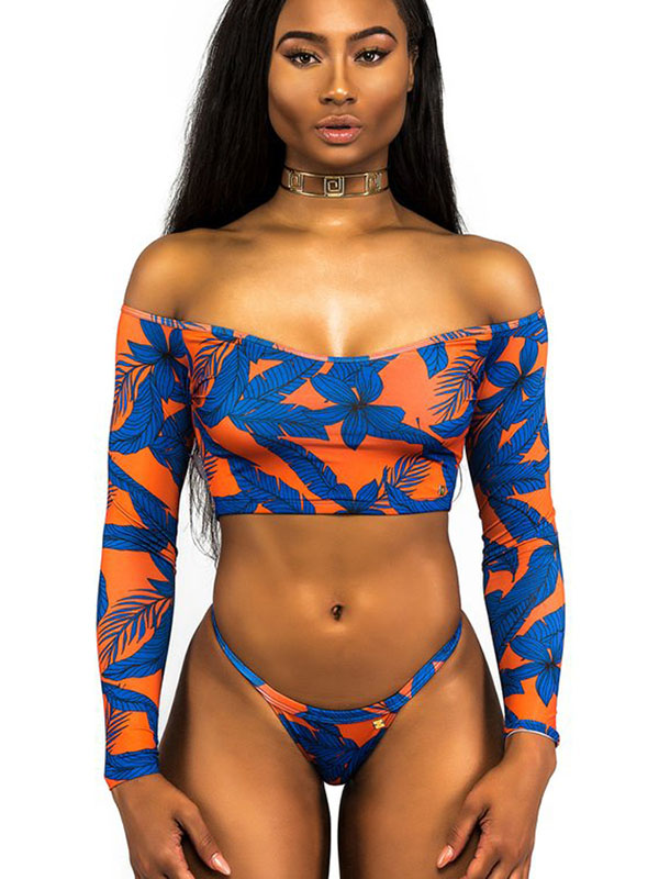 Fashion Off Shoulder Long Sleeve Top with Bikini Set