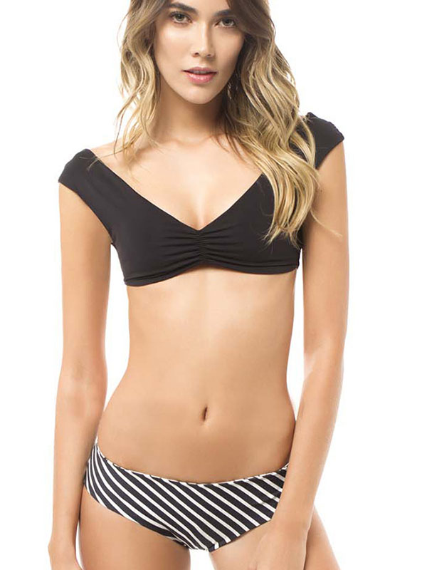 Women Sexy Black Top and Striped Bikini Swimsuit Set 