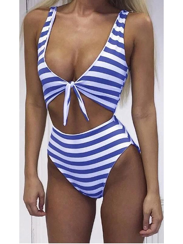 Women Sexy High Waist Stripes Bikini Sets Swimwear Blue