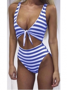 Women Sexy High Waist Stripes Bikini Sets Swimwear Blue