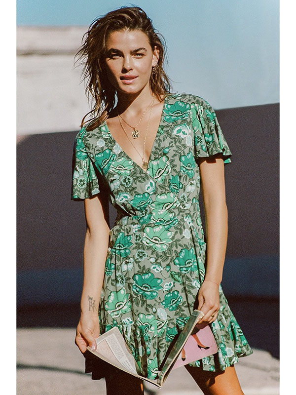 Green Flower Print Short Sleeve Mini Casual Dress