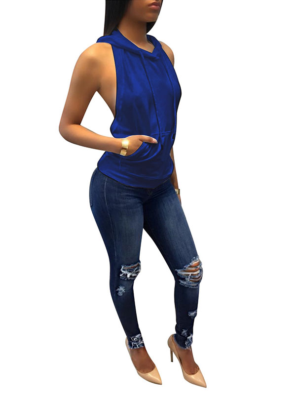 Royal Blue Backless Hooded Ladies Sexy Tank Tops 
