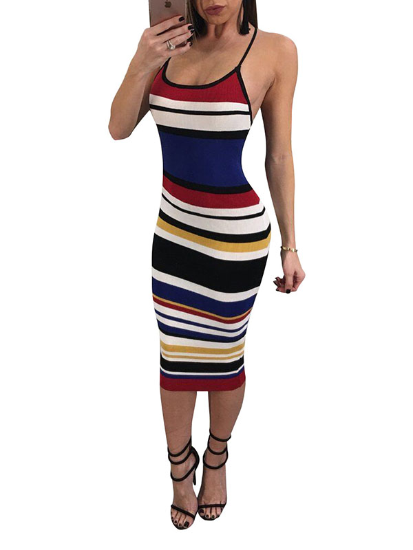 Sexy Stripe Backless Sleeveless Strappy Midi Dresses Multiple Color