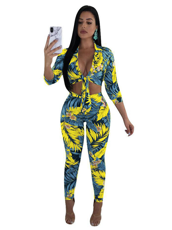 Sexy V-neck Floral Printed Women Jumpsuit With Bandage Light Blue