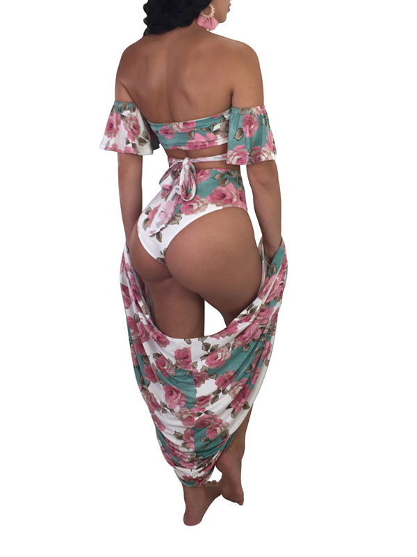 Sexy Women One Piece Flora Pink Print Swimsuit with Coverup