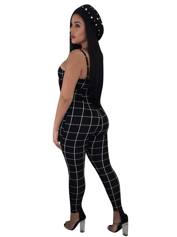 Summer Black Plaid Sexy Skinny Waist Band Cut Out Women Jumpsuits