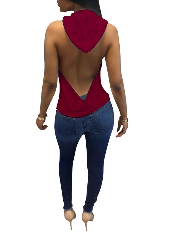 Wine Red Backless Hooded Ladies Sexy Tank Tops 
