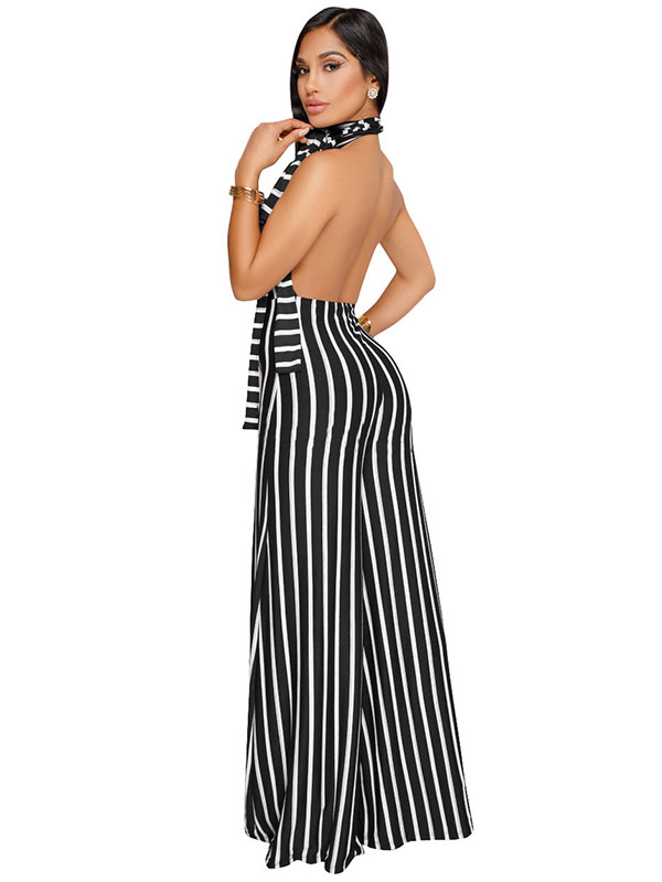 Women Black Sexy Halter Strap Stripe  Backless Sleeveless  Jumpsuits Rompers