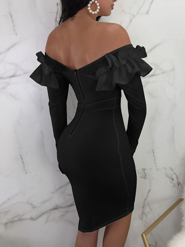 Women Black Sexy Off Shoulder Long Sleeve Midi Dresses