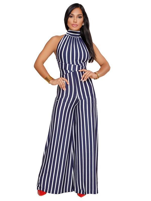 Women Blue Sexy Halter Strap Stripe  Backless Sleeveless  Jumpsuits Rompers