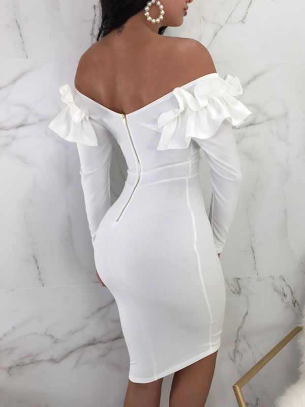 Women White Sexy Off Shoulder Long Sleeve Midi Dresses