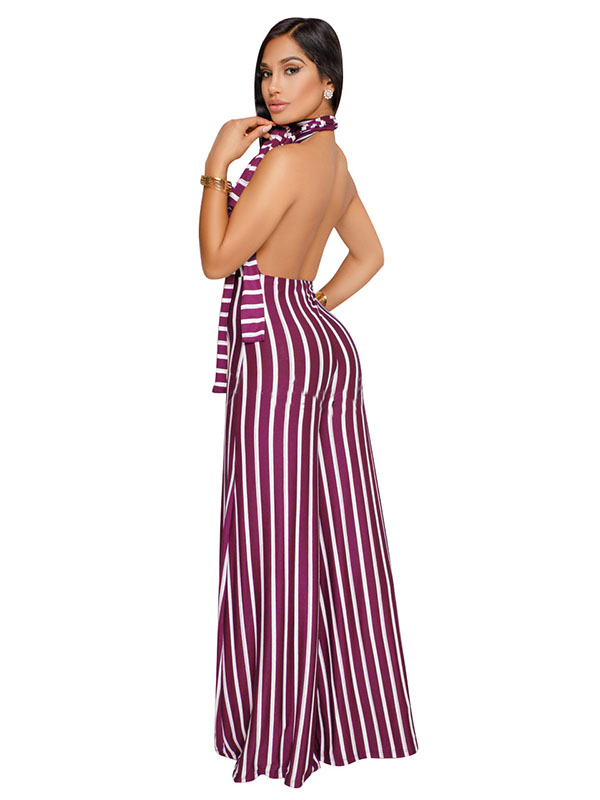 Women Wine Red Halter Strap Stripe  Backless Sleeveless  Jumpsuits Rompers