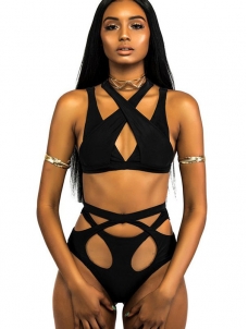 2018 New Fashion Sexy Bandage Cut Out 2 Piece Swimsuits Black