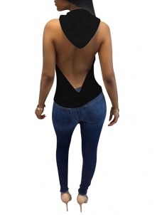 Black Backless Hooded Ladies Sexy Tank Tops 