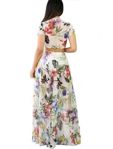 Cap Sleeve Tropical Crop Top & Floral White Print Maxi Skirt