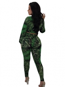 Deep V Neck Floral Printed Jumpsuit With Bandage Green