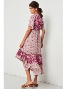 Girls V-Neck Pink Flower Print Maxi Casual Dress