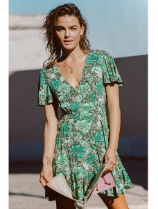 Green Flower Print Short Sleeve Mini Casual Dress