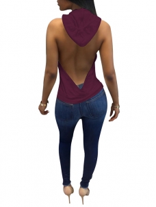 Jujube Red Backless Hooded Ladies Sexy Tank Tops 