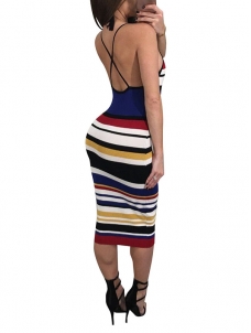 Sexy Stripe Backless Sleeveless Strappy Midi Dresses Multiple Color