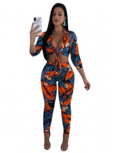 Sexy V-neck Floral Printed Women Jumpsuit With Bandage Dark Blue