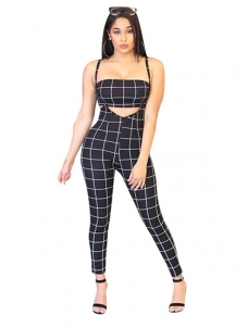 Summer Black Plaid Sexy Skinny Waist Band Cut Out Women Jumpsuits