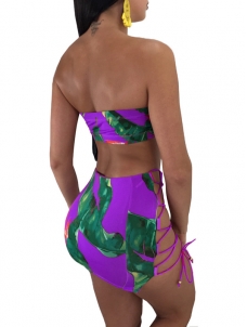 Two Piece Purple Print  Dress Women Bow Tie Strapless Backless Sheath
