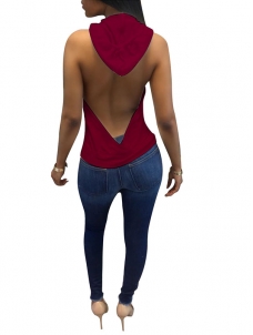Wine Red Backless Hooded Ladies Sexy Tank Tops 