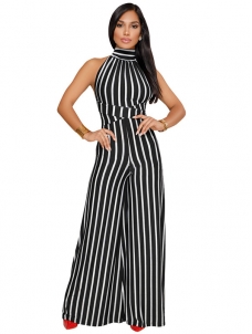 Women Black Sexy Halter Strap Stripe  Backless Sleeveless  Jumpsuits Rompers