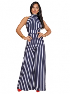 Women Blue Sexy Halter Strap Stripe  Backless Sleeveless  Jumpsuits Rompers