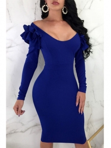Women Blue Sexy Off Shoulder Long Sleeve Midi Dresses
