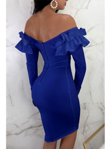 Women Blue Sexy Off Shoulder Long Sleeve Midi Dresses