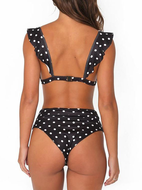 Black V-Neck Swimwear Dot Print High Waist Bikini Set 