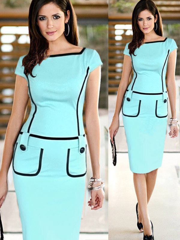 Elegant Women Tight Short Sleeve Midi Dress Light Blue