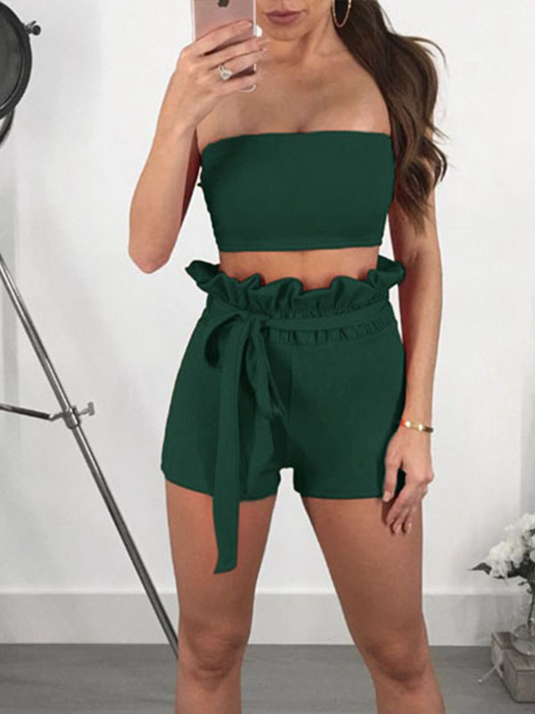 Fashion Summer Solid Lace-up Two Piece Suit Green