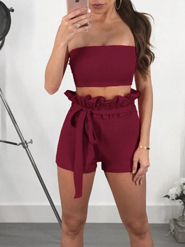 Fashion Summer Solid Lace-up Two Piece Suit Red