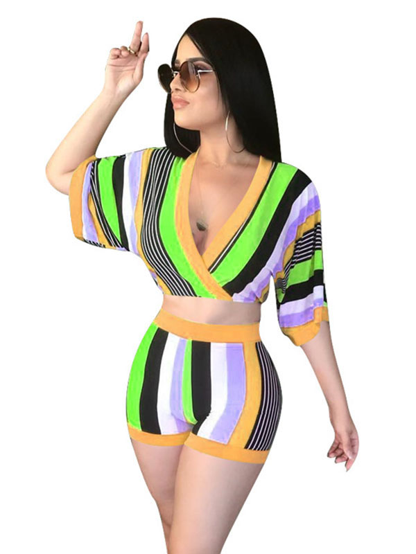 Fashion Women Deep V-neck Striped Two Piece Suit Green